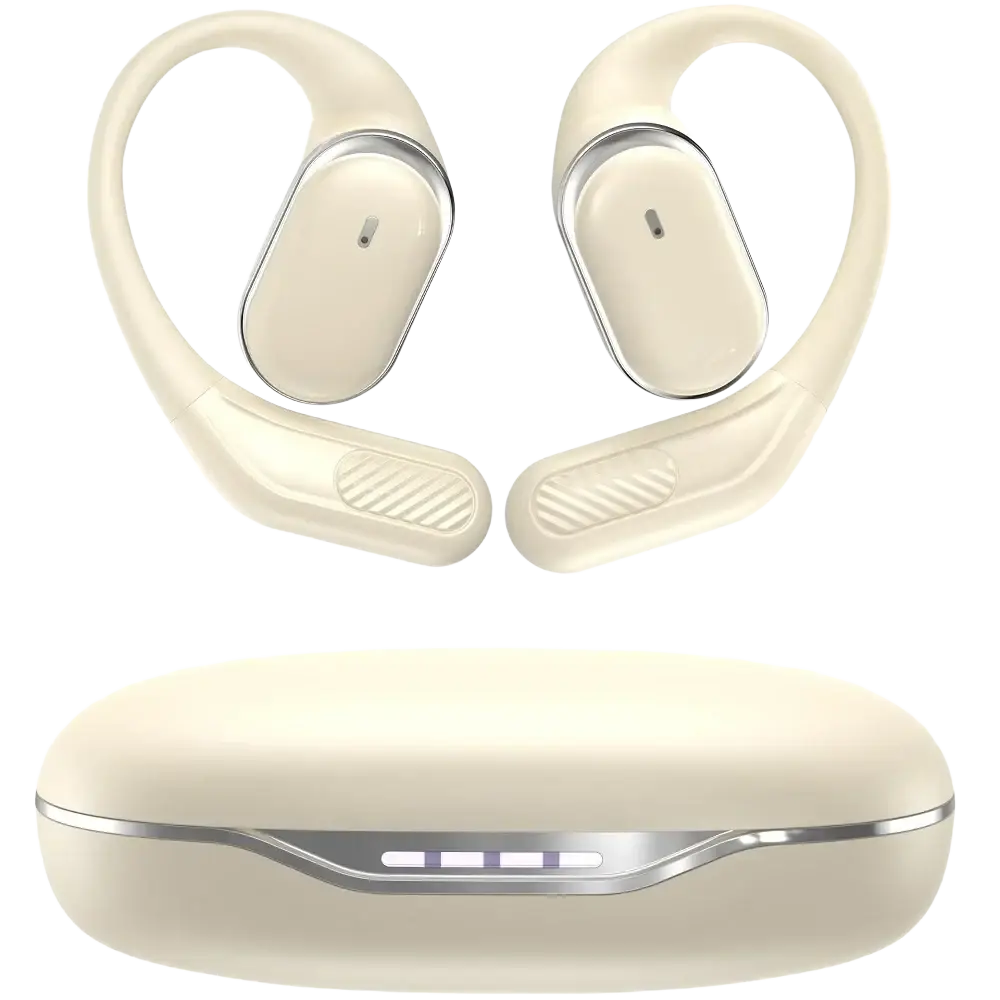 Cream-colored air conduction ear hook wireless earbuds with metallic accents and charging case with led indicators