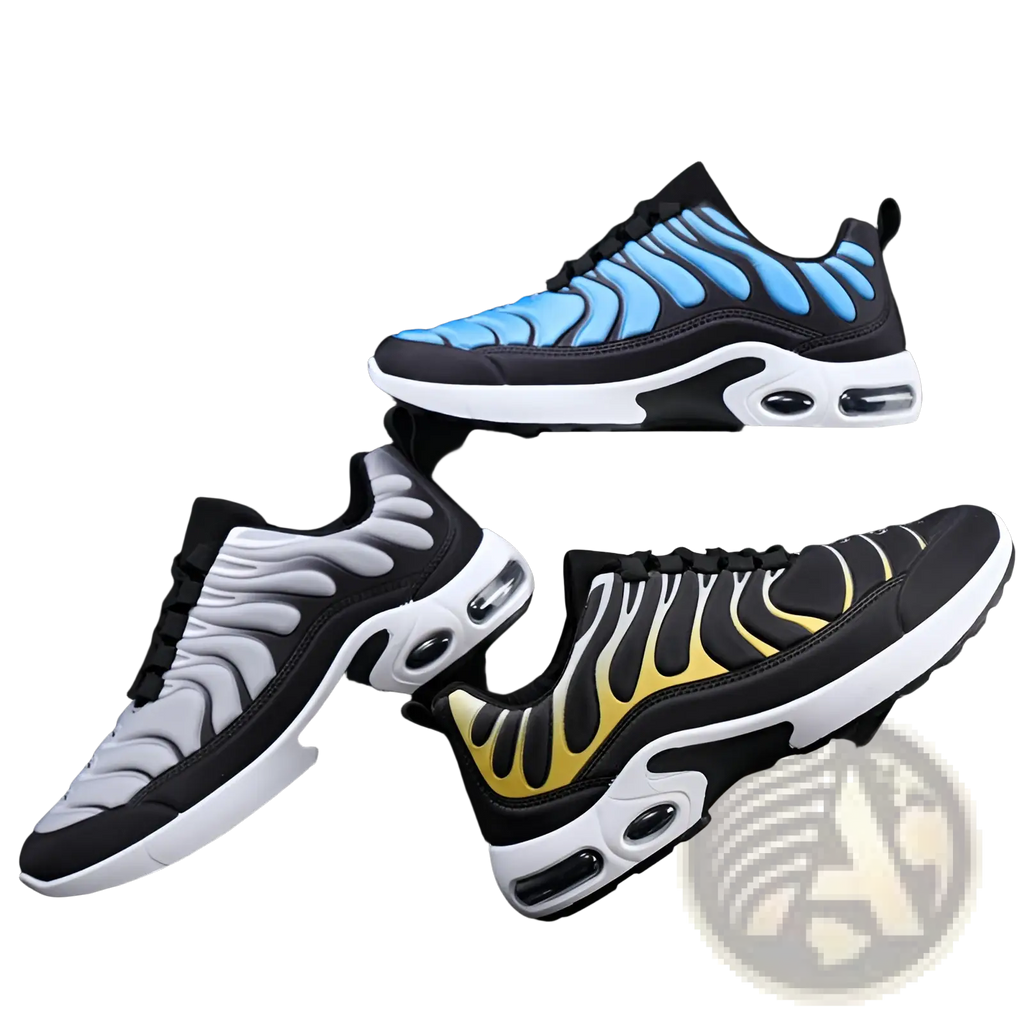 Black air cushion running shoes with vibrant blue white and yellow flame patterns and cushioned heel unit