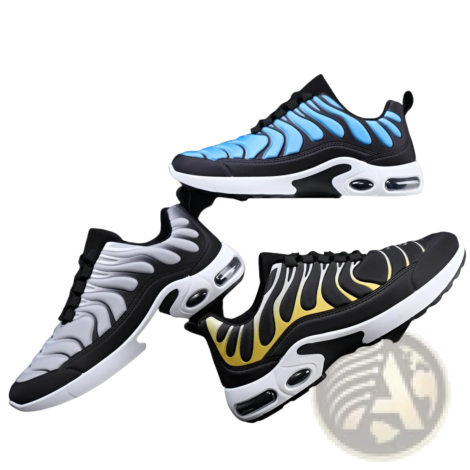 Black air cushion running shoes with vibrant blue white and yellow flame patterns and cushioned heel unit