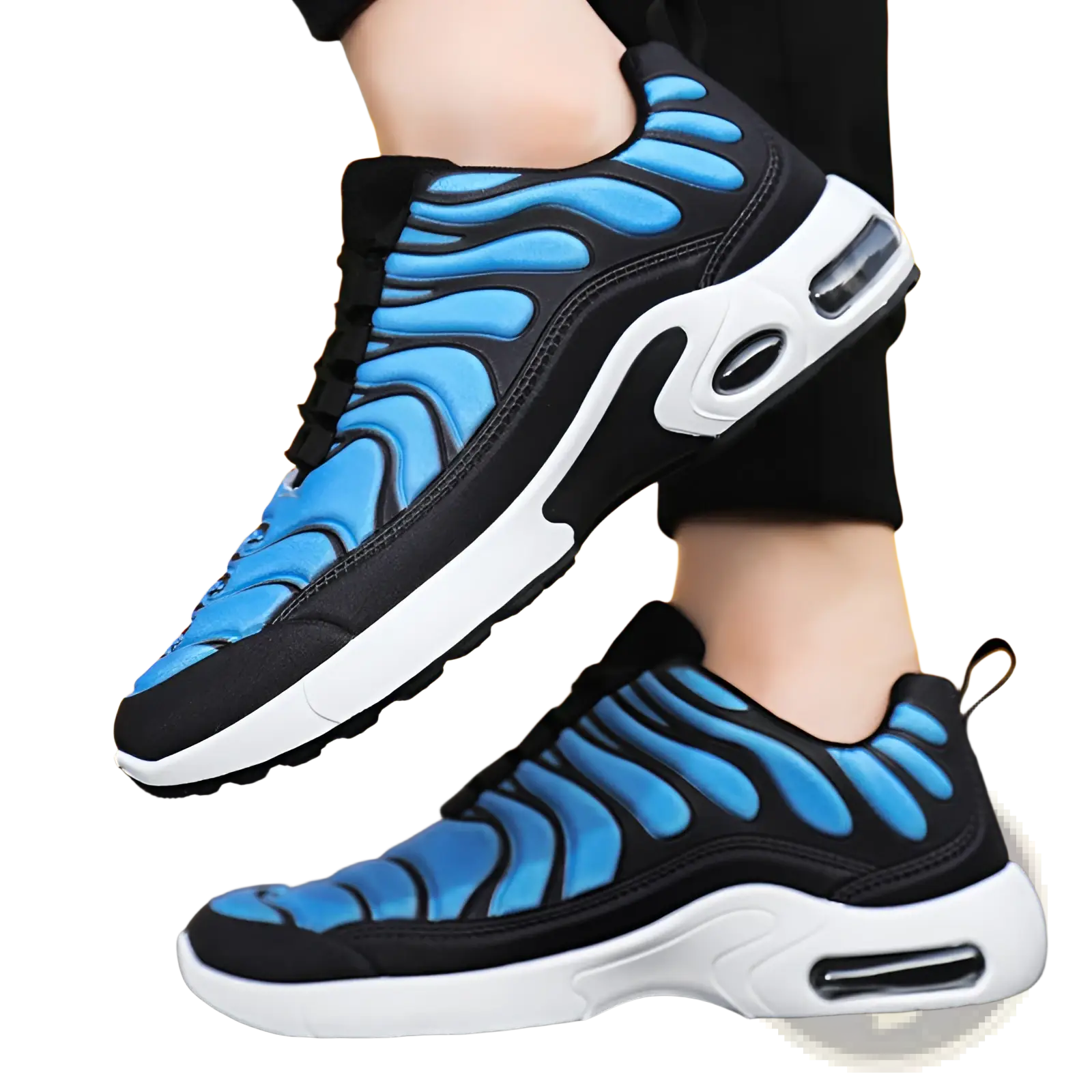 Air cushion running shoes flame pattern fashion sneakers in black and vibrant blue with white midsoles and air cushioning units