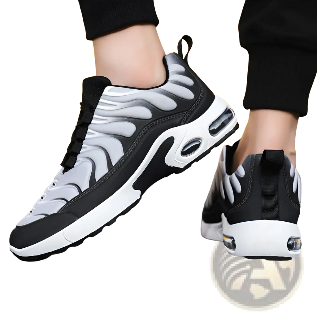 Black and white air cushion running shoes with sleek wave pattern upper and visible sole cushioning units