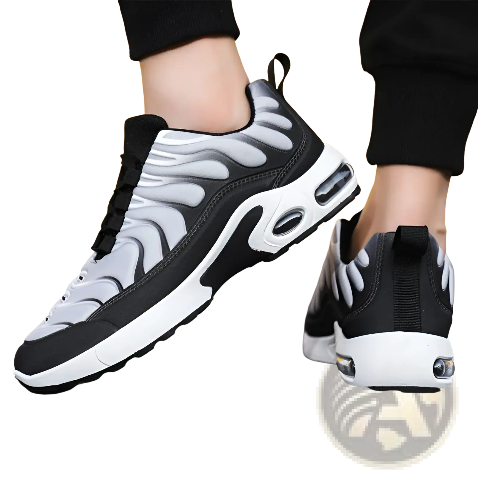 Black and white air cushion running shoes with sleek wave pattern upper and visible sole cushioning units