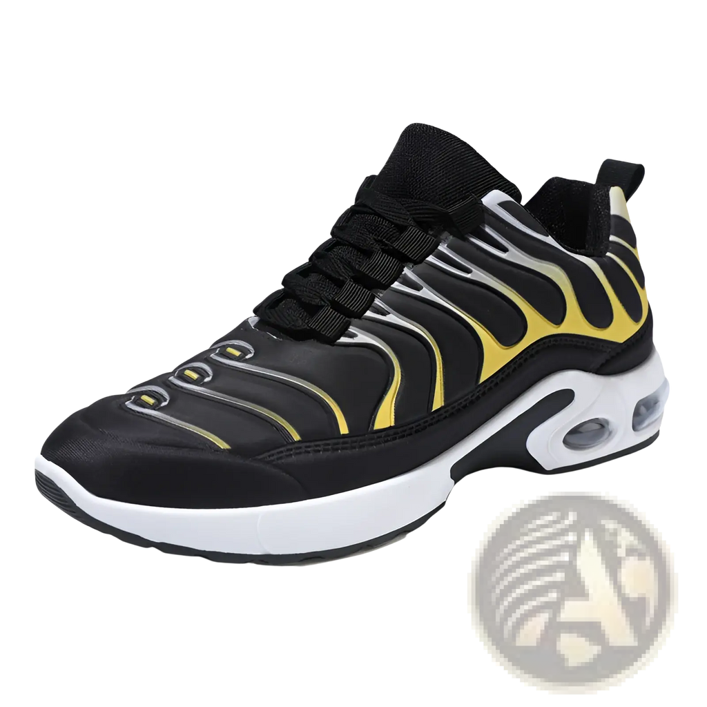 Black and yellow flame pattern air cushion running shoe with white sole designed for athletic performance and fashion