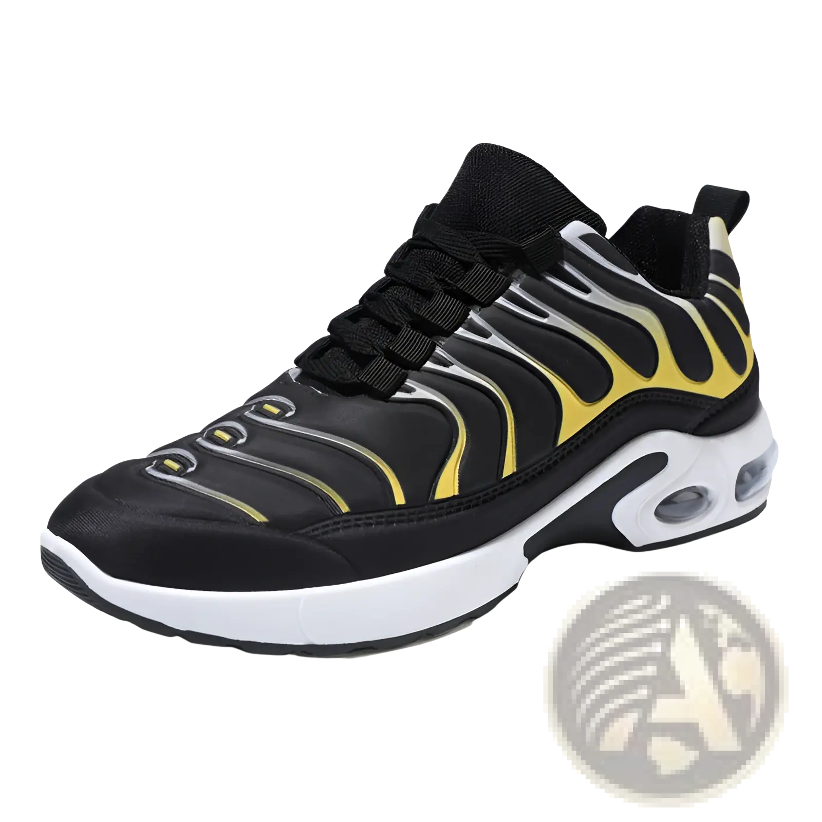 Black and yellow flame pattern air cushion running shoe with white sole designed for athletic performance and fashion