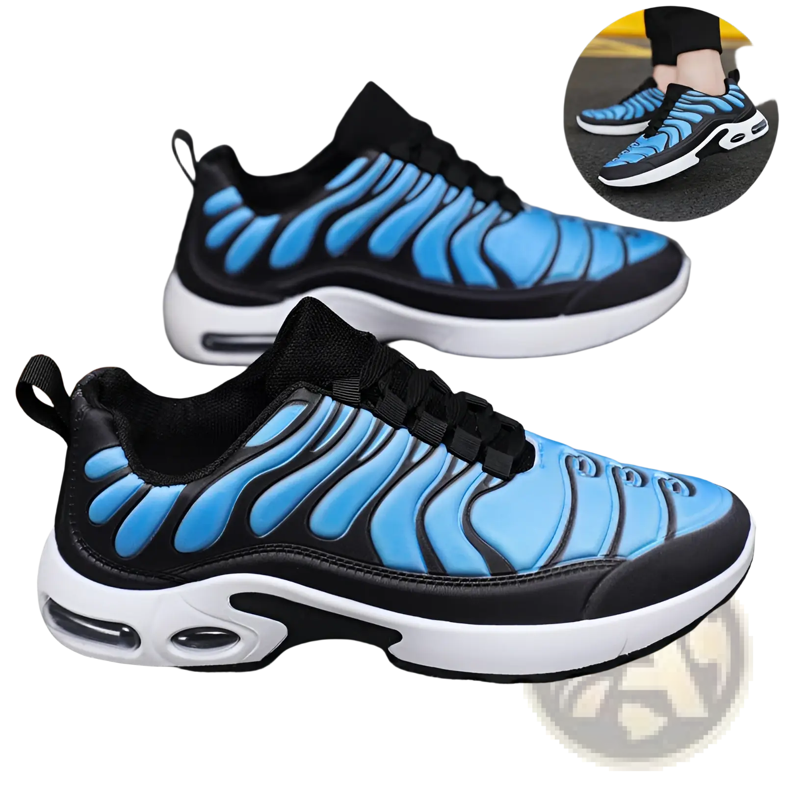 Blue and black air cushion running shoes with flame pattern, white soles, wavy design, and visible air cushioning units