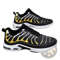 Air cushion running shoes with black and yellow flame pattern featuring white midsole and visible air cushioning units