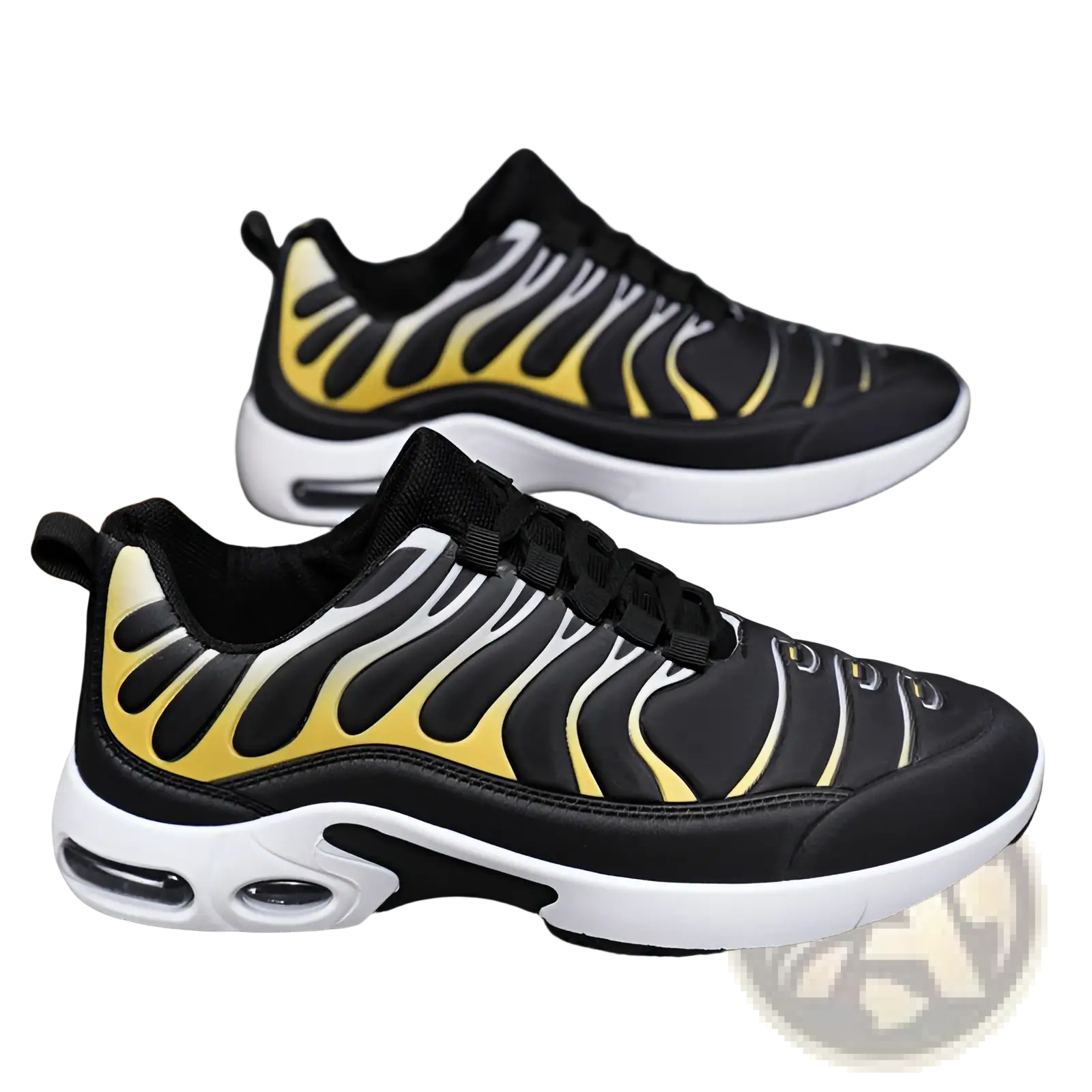 Air cushion running shoes with black and yellow flame pattern featuring white midsole and visible air cushioning units