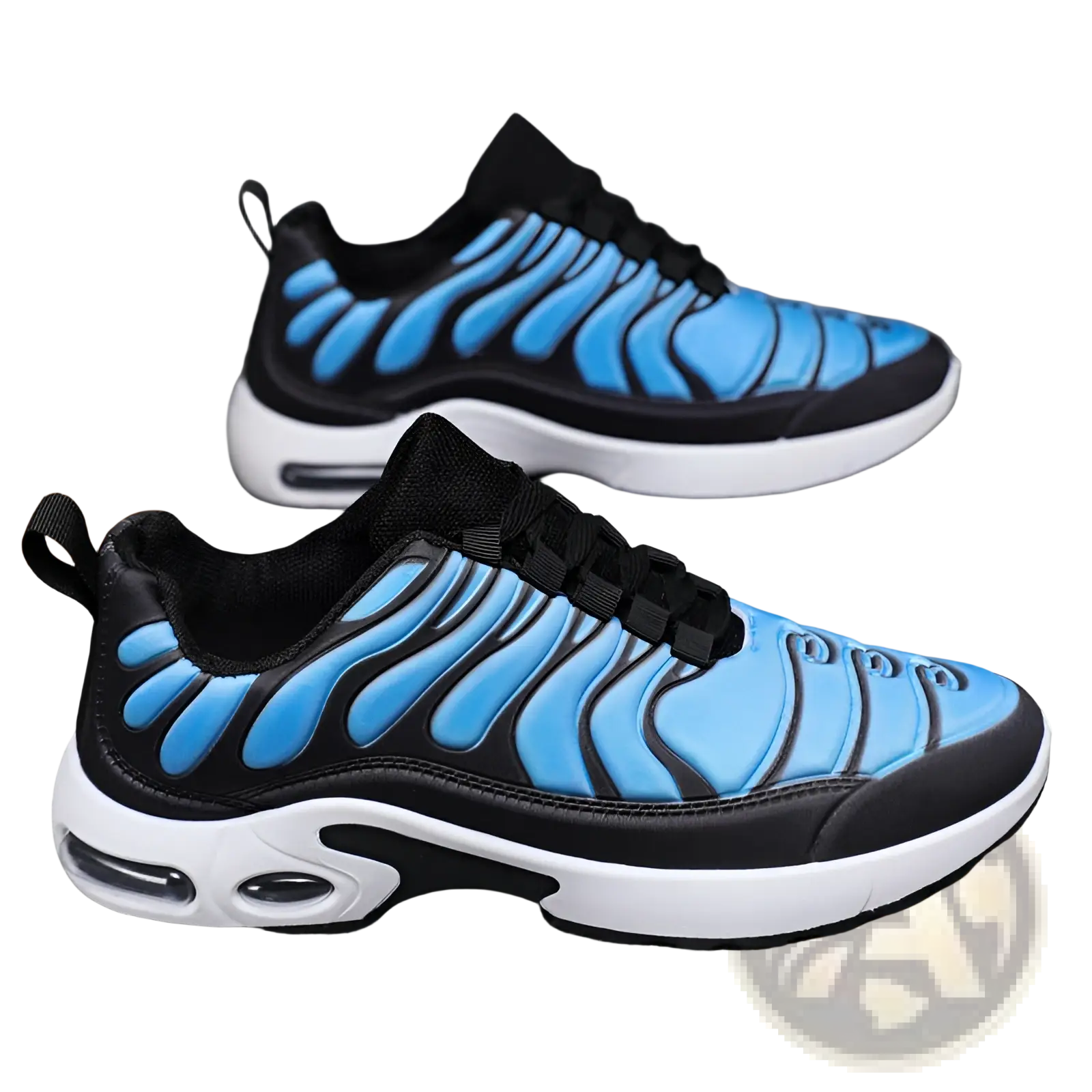 Black and vibrant blue air cushion running shoes with wave pattern upper and white air-cushioned soles with black laces