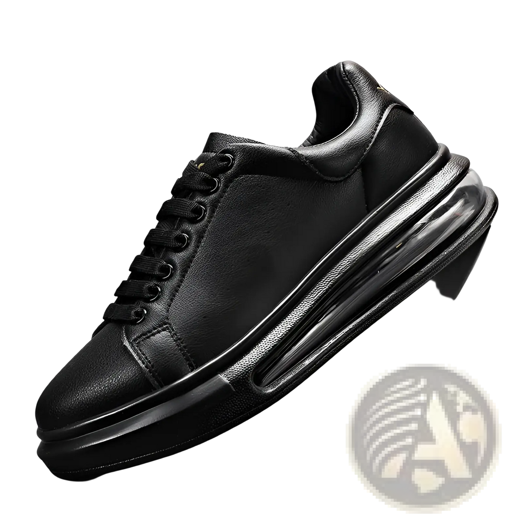 Black leather air cushion sports sneaker with thick translucent sole and matching black laces for athletic use