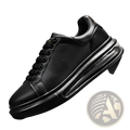 Black leather air cushion sports sneaker with thick translucent sole and matching black laces for athletic use