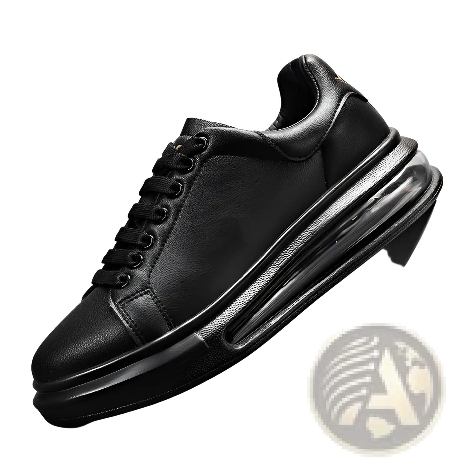 Black leather air cushion sports sneaker with thick translucent sole and matching black laces for athletic use