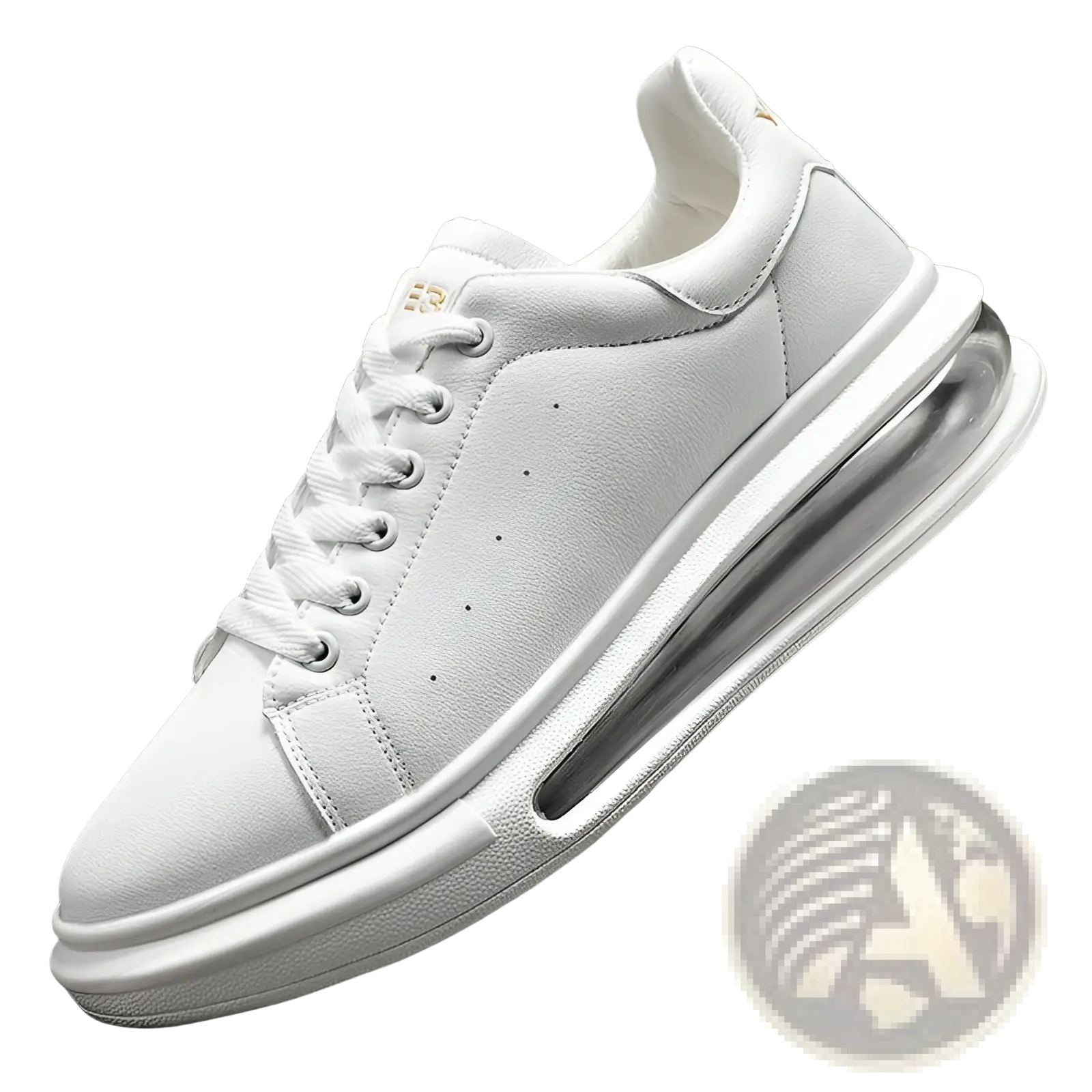 White leather air cushion sports sneaker with thick translucent sole and gold logo on the tongue