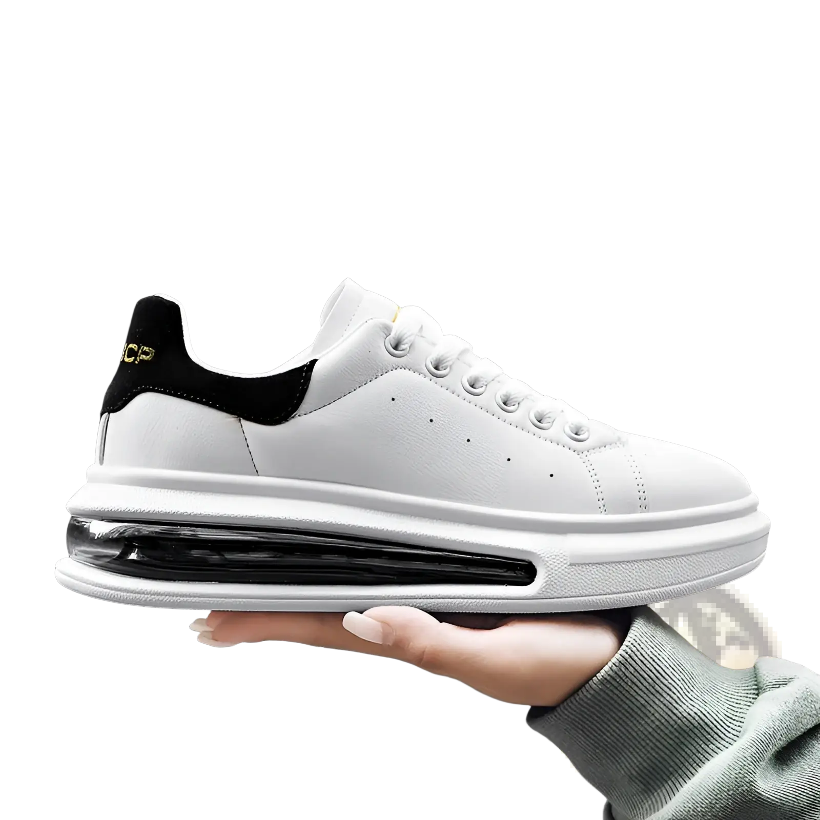 Air cushion sports sneaker in white pu leather with black accents and transparent air cushion sole for athletic use