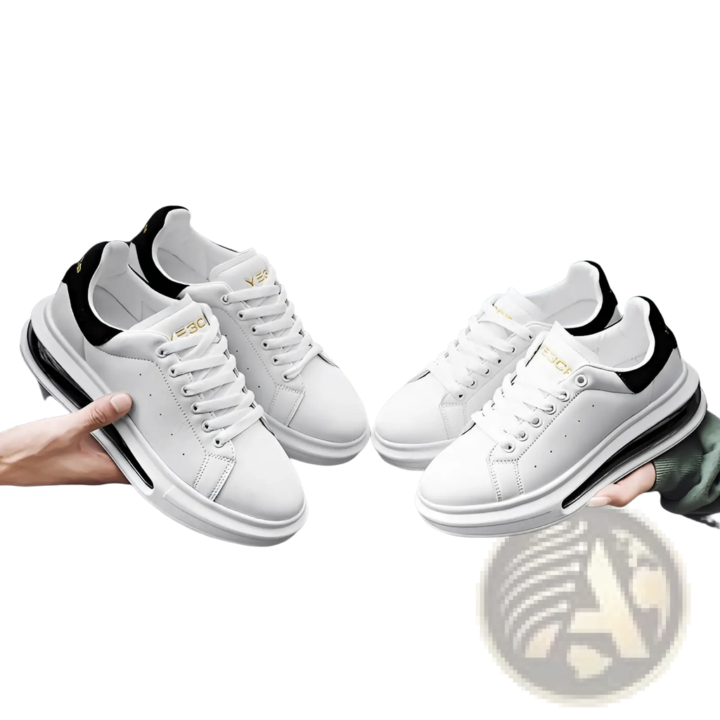 White air cushion sports sneakers with pu leather upper, black accents, gold branding, and thick rubber sole