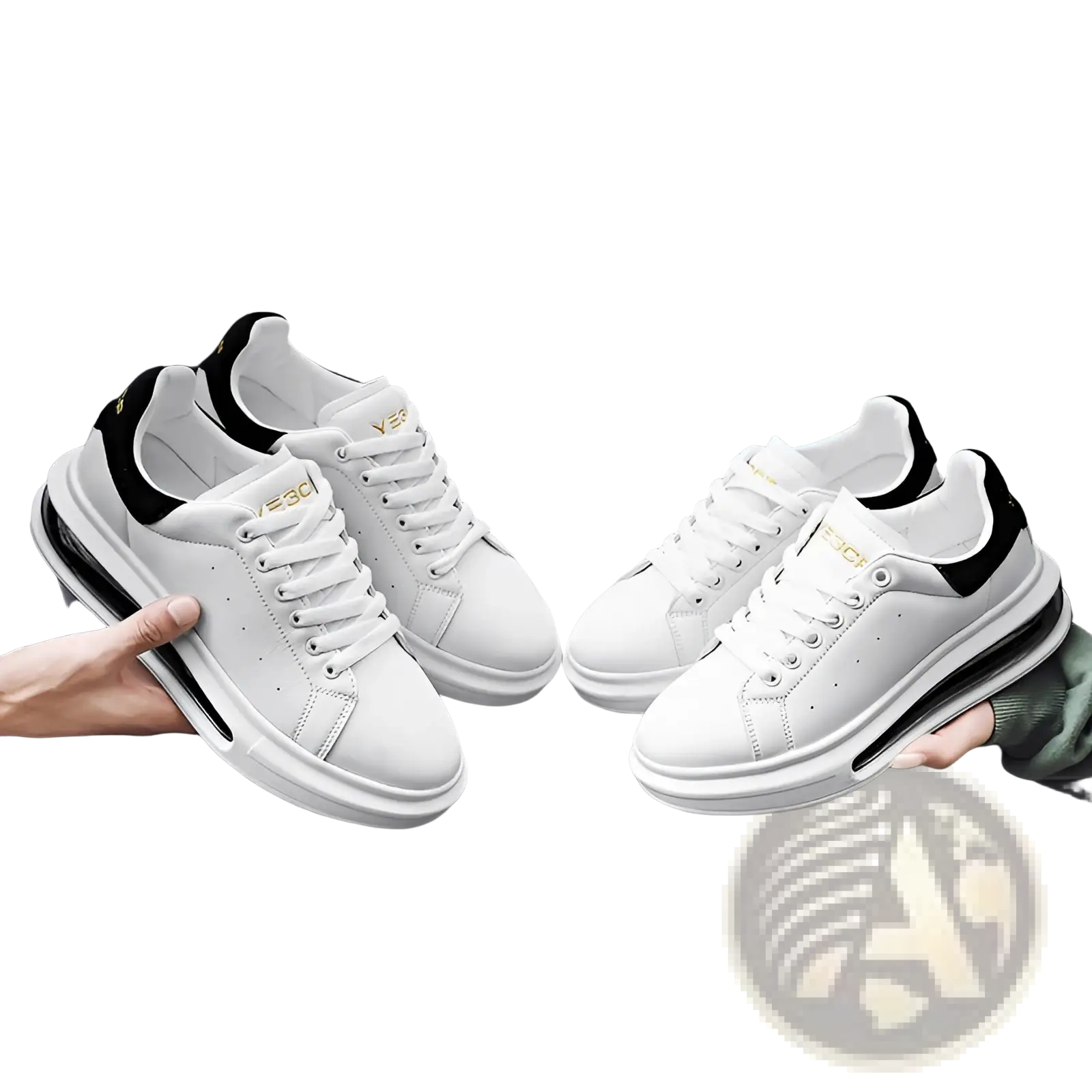 White air cushion sports sneakers with pu leather upper, black accents, gold branding, and thick rubber sole