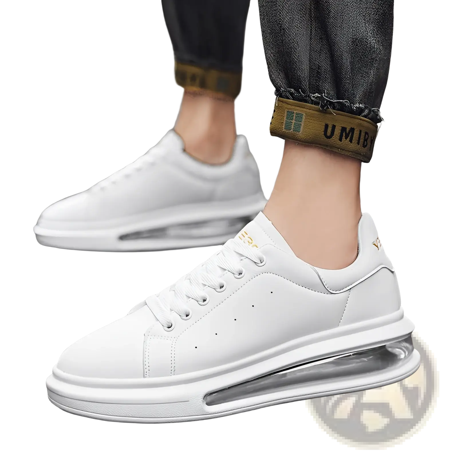 White air cushion sports sneakers with pu leather upper and gold branding on the heel shown from the back side