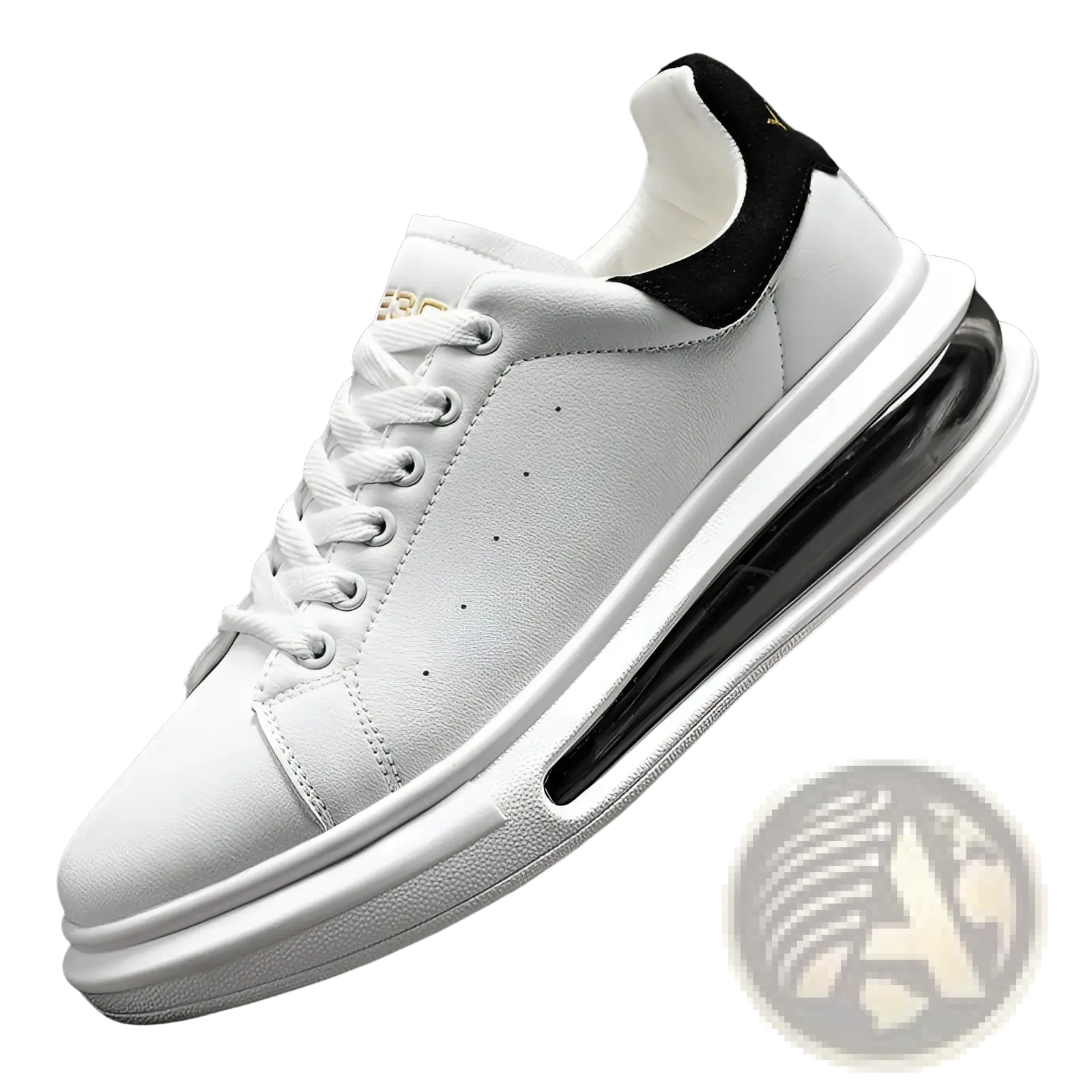 White leather air cushion sports sneaker with black accents and transparent sole for enhanced comfort and style