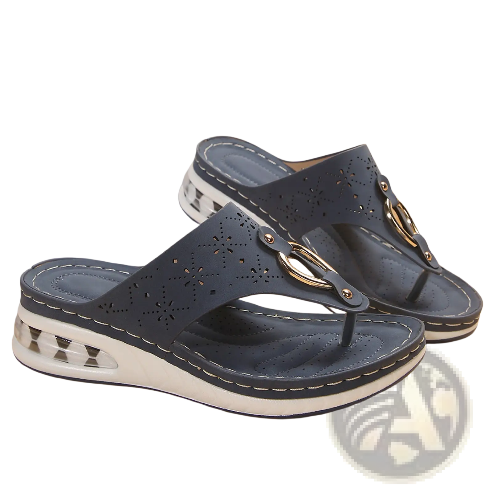 Dark blue perforated leather air cushion thong wedge sandals with gold-tone metal accents and a white sole