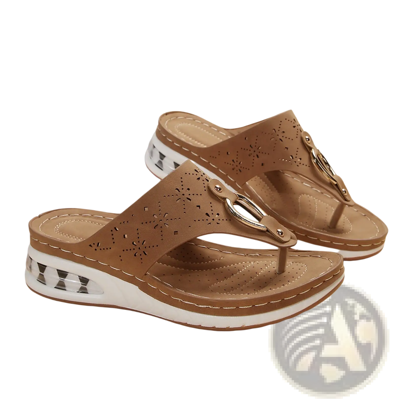 Tan leather air cushion thong sandals wedge flip flops with floral perforated detailing and gold-tone metal buckle