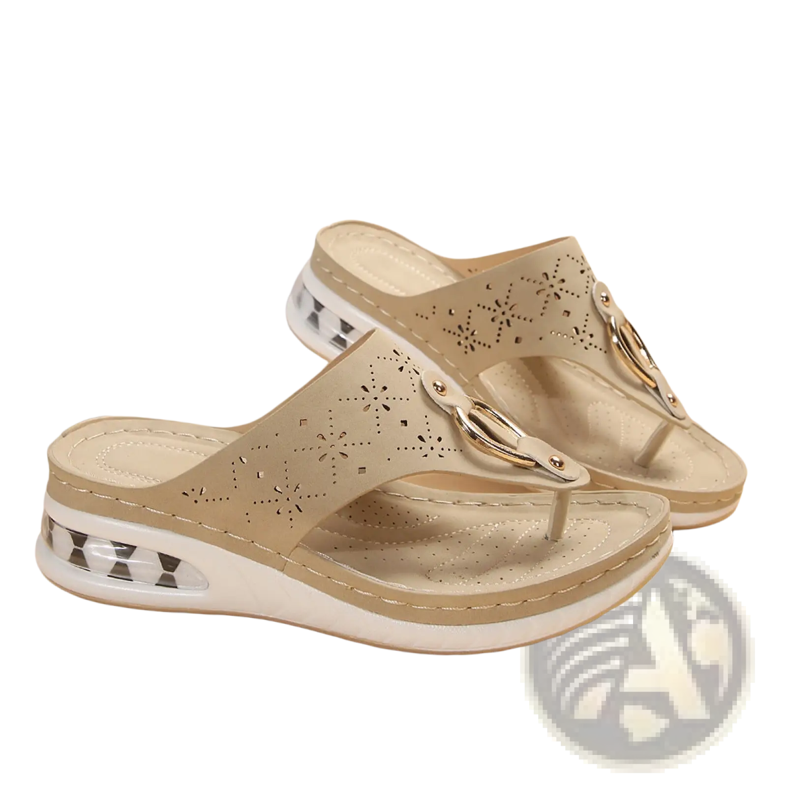 Beige leather air cushion thong sandals with floral perforations and gold-tone accents on a white platform sole