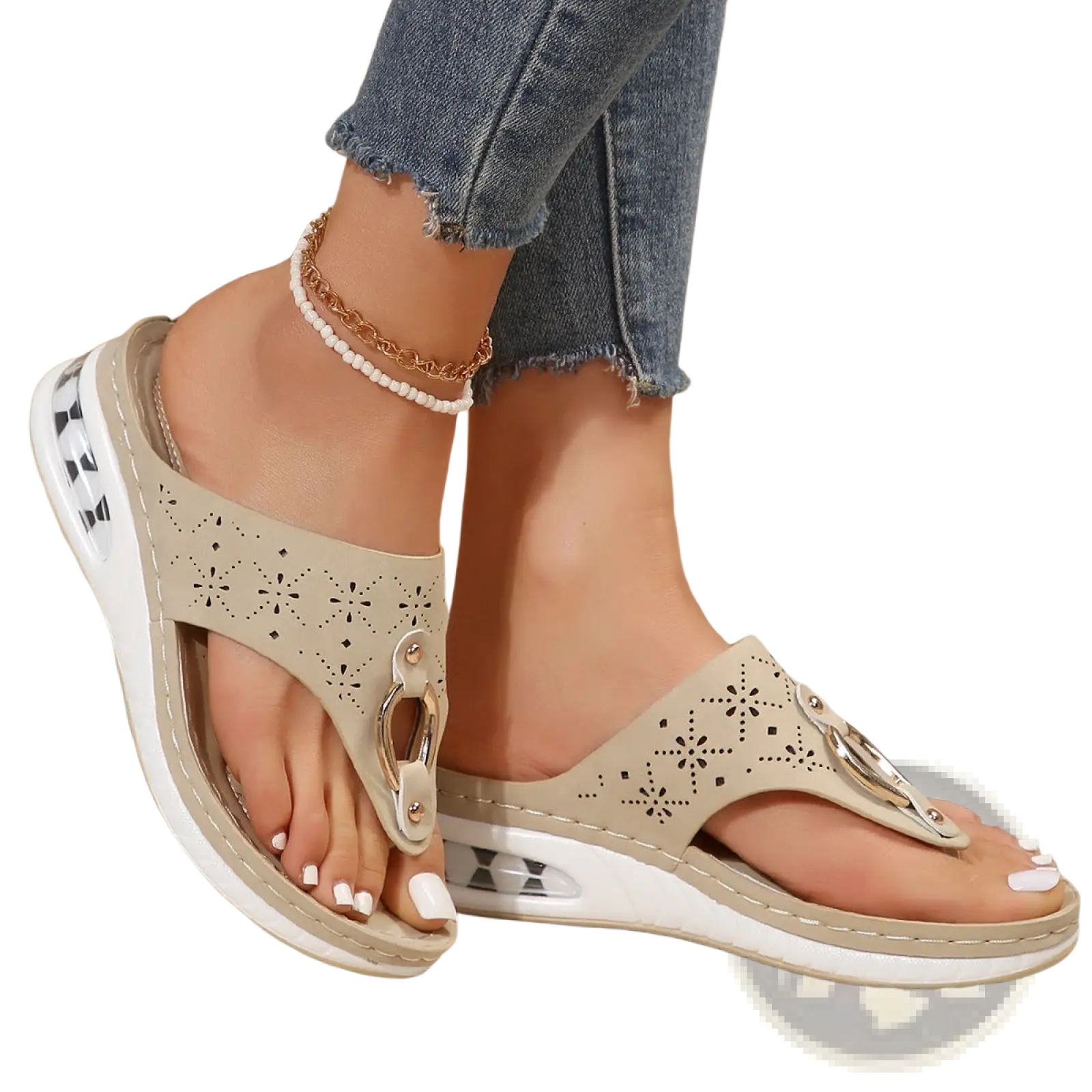 Beige perforated leather air cushion thong sandals with silver metal accents and white cushioned sole wedge flip flops