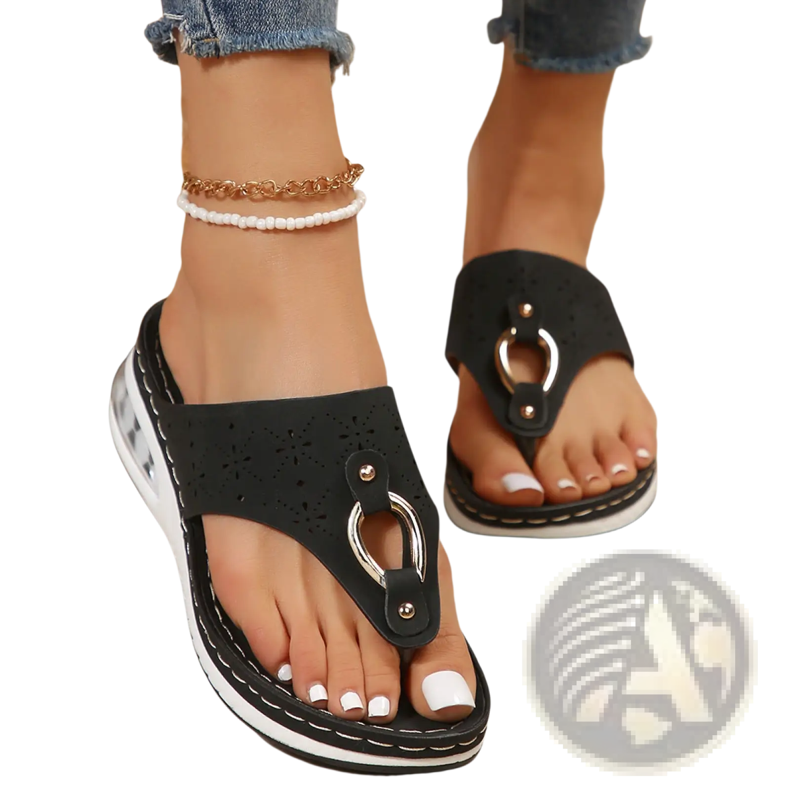 Black perforated leather air cushion thong sandals with silver metal ring detail and white wedge soles