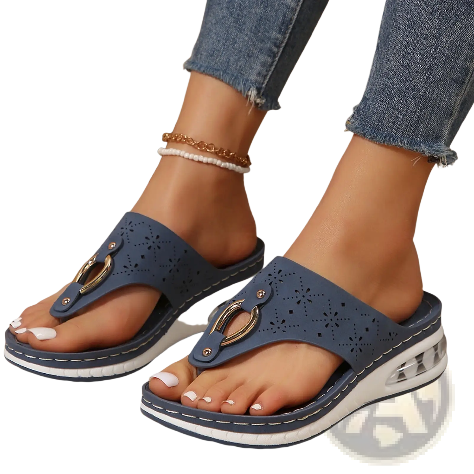 Blue leather air cushion thong sandals with perforations gold-tone rings and white cushioned wedge sole