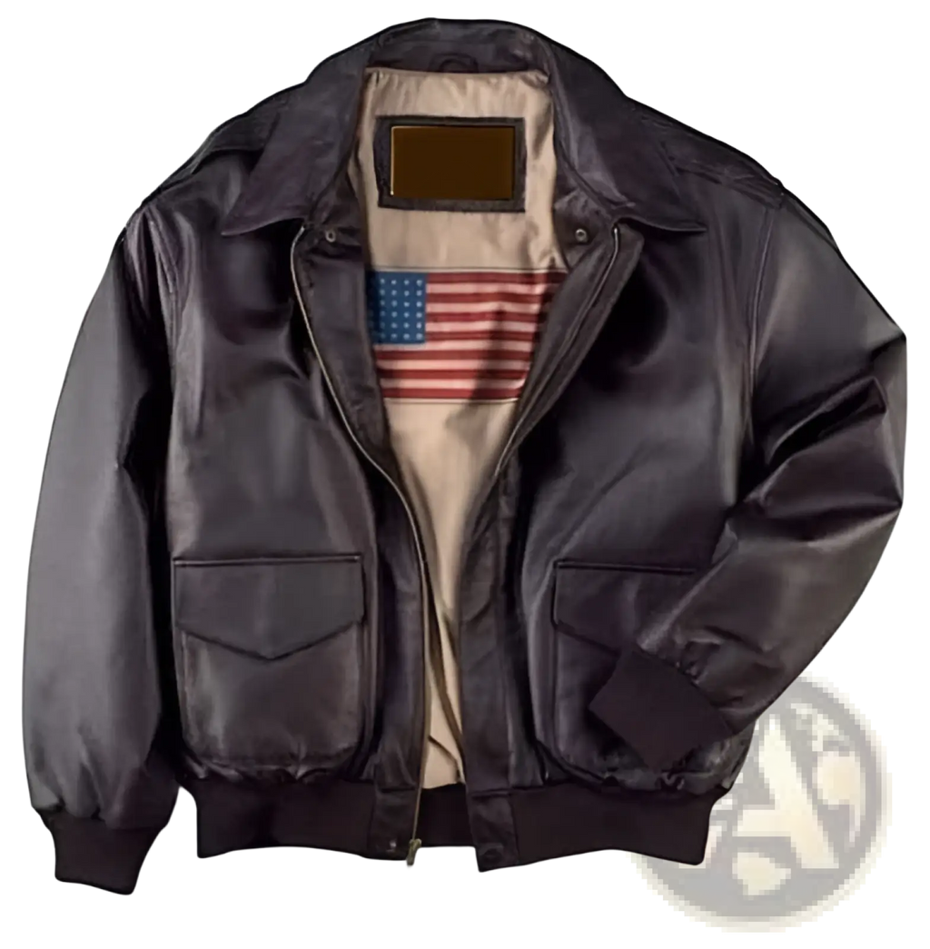 Dark brown leather air force fur bomber jacket with american flag patch on the inner lining