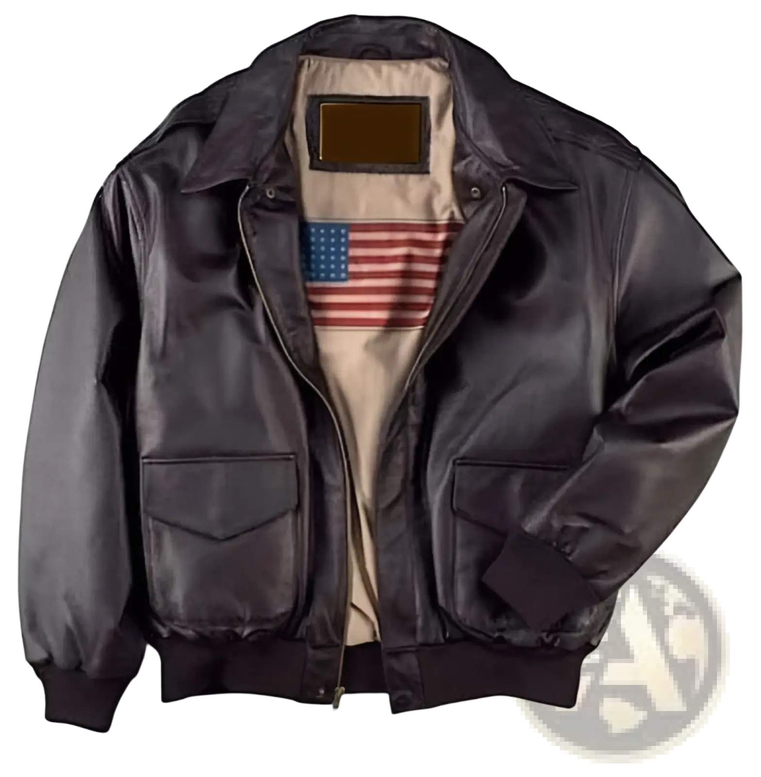Dark brown leather air force fur bomber jacket with american flag patch on the inner lining