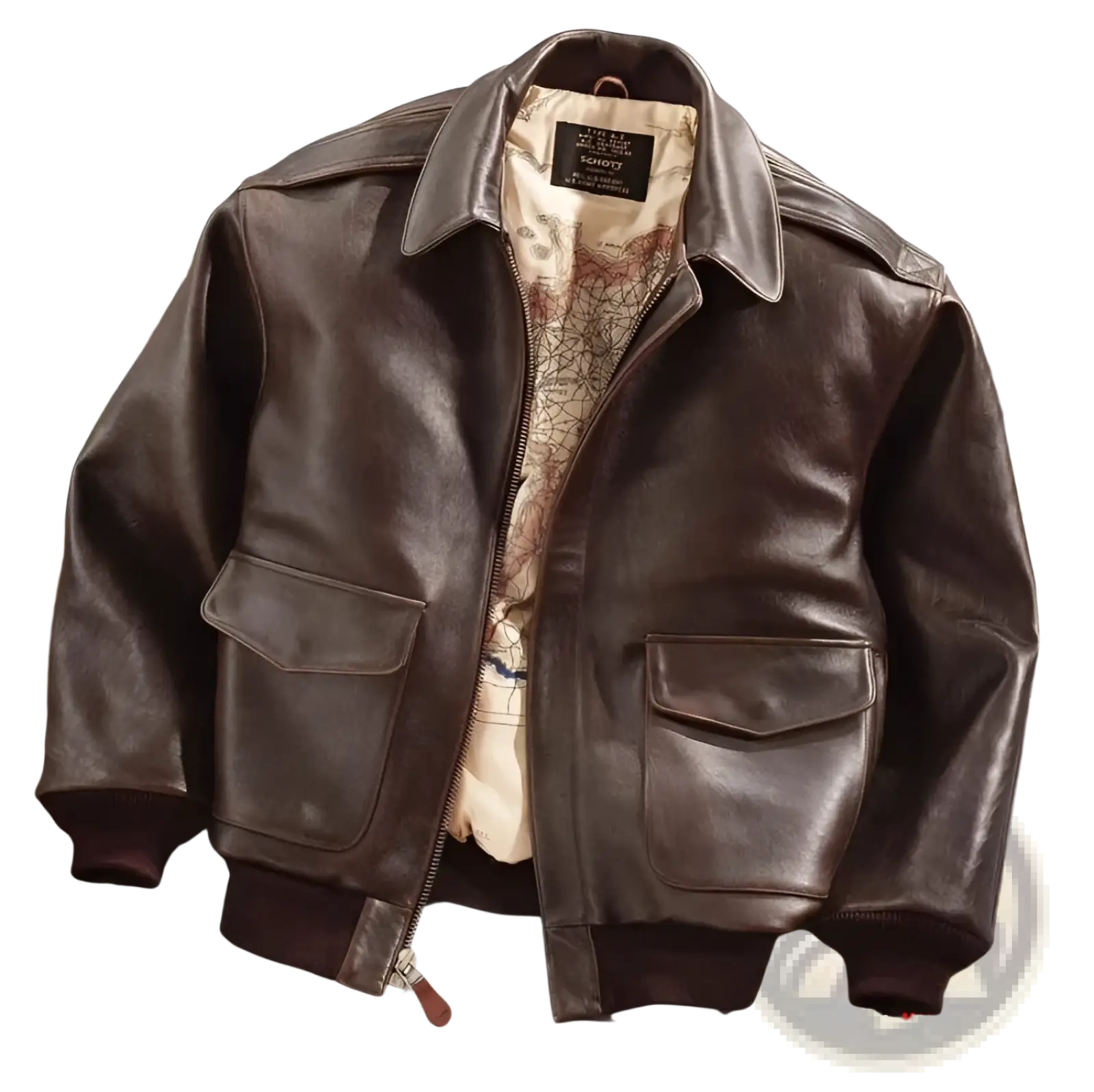 Air Force fur leather bomber jacket in brown with two front pockets and map-patterned flag lining