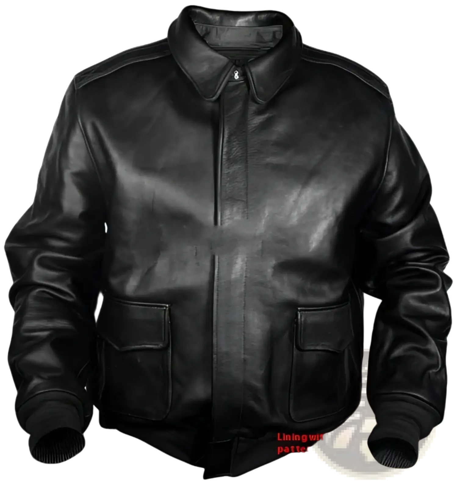 Black leather air force fur bomber jacket with classic collar two front pockets and flag lining interior