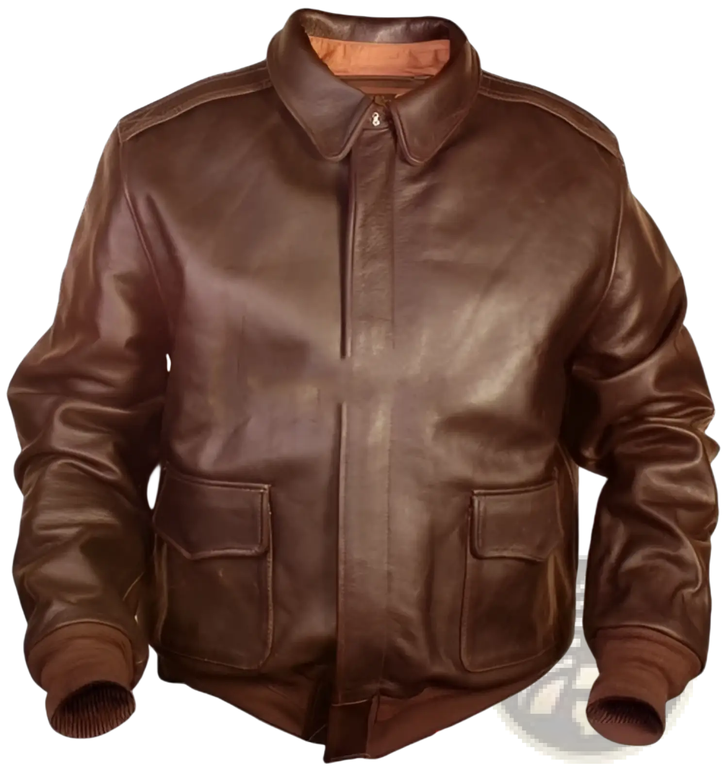 Brown leather air force fur bomber jacket with tan interior lining and two front flap pockets