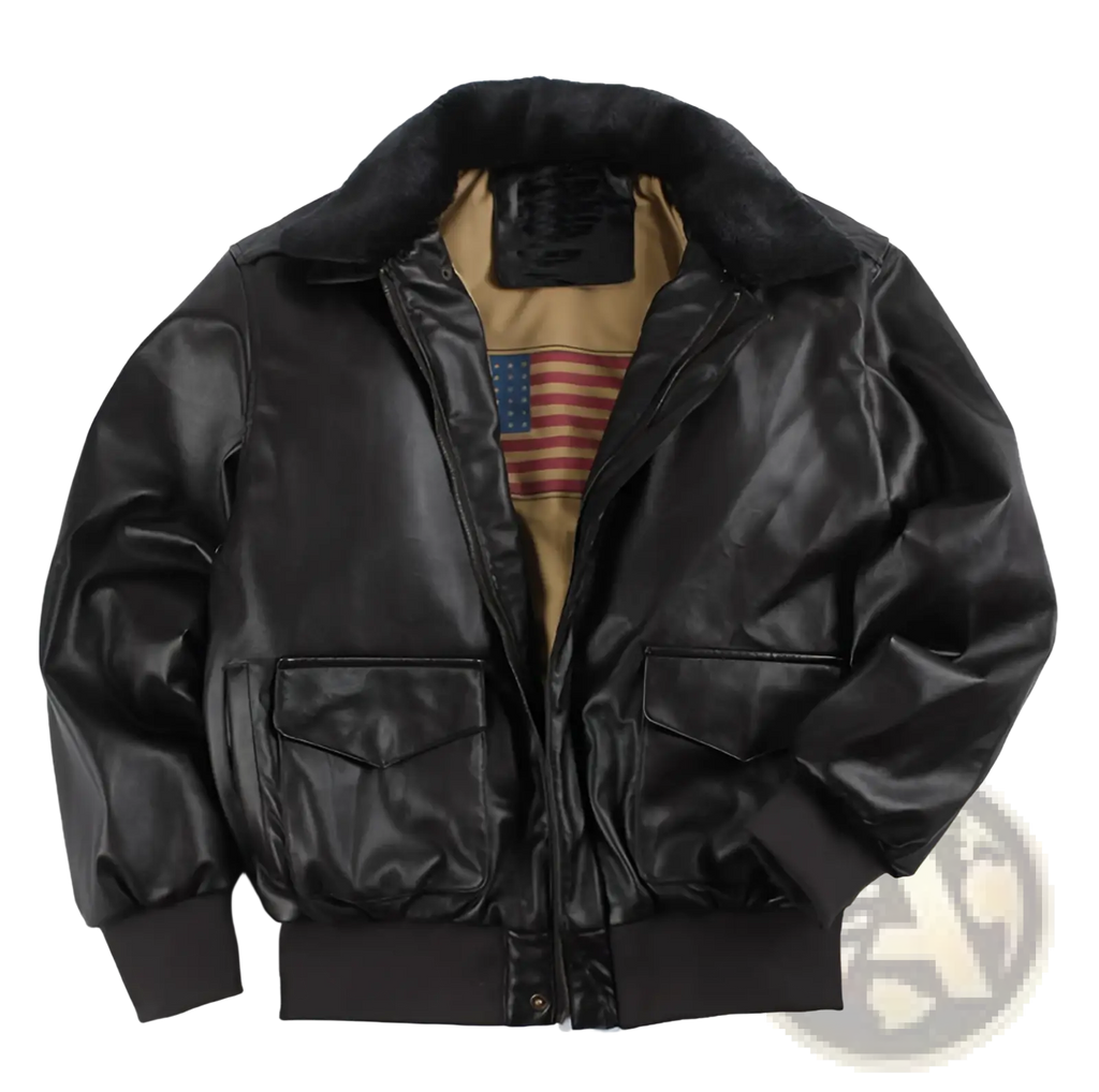 Black leather bomber jacket with plush fur-lined collar and American flag patch on inside lining Air Force Fur Leather Bomber Jacket