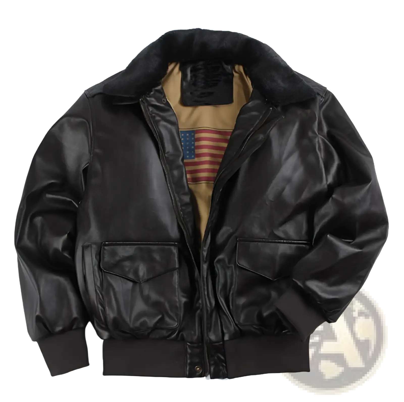 Black leather bomber jacket with plush fur-lined collar and American flag patch on inside lining Air Force Fur Leather Bomber Jacket