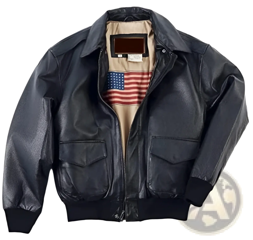 Black leather air force fur bomber jacket with stitched American flag patch on inner lining