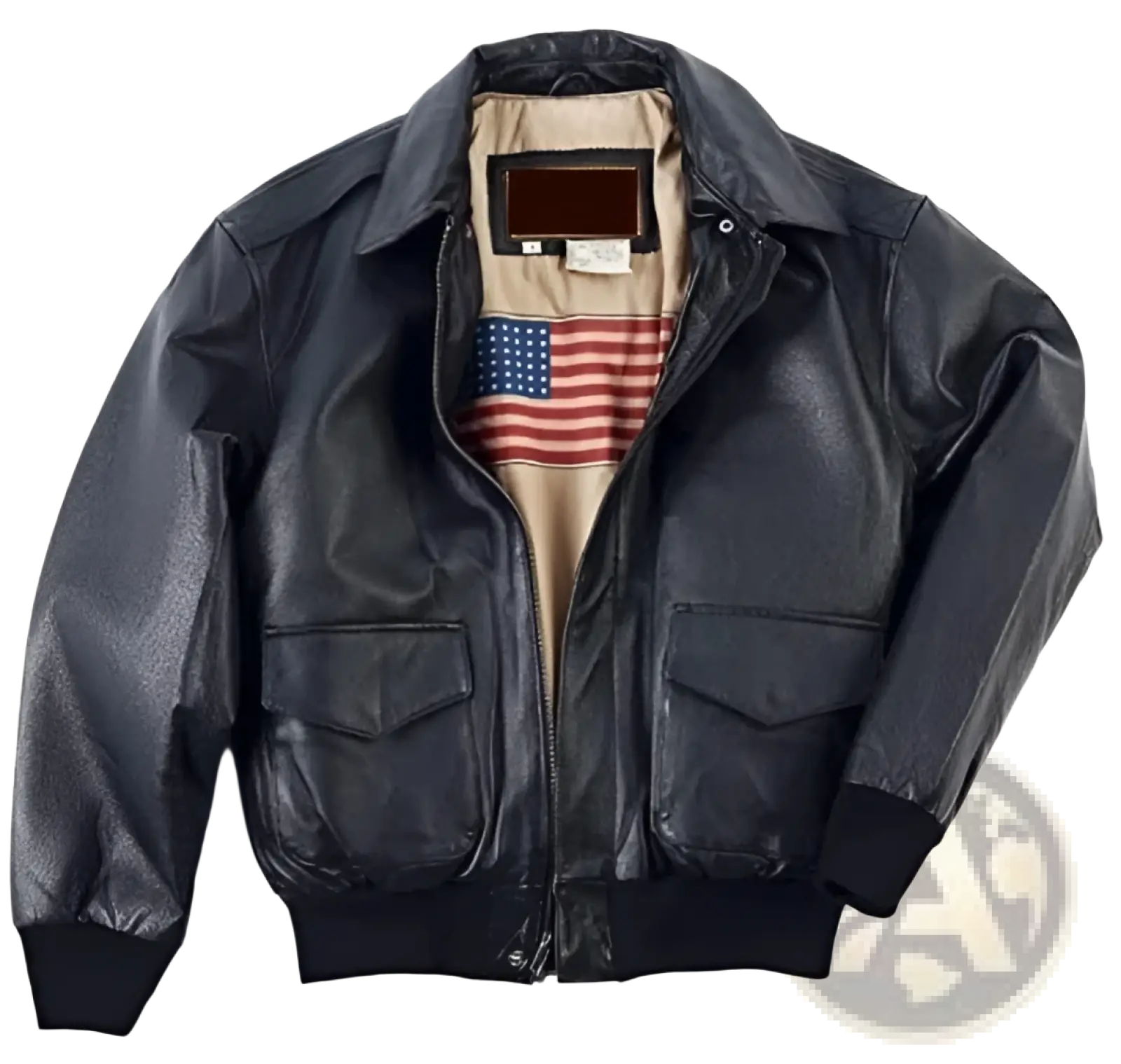 Black leather air force fur bomber jacket with stitched American flag patch on inner lining