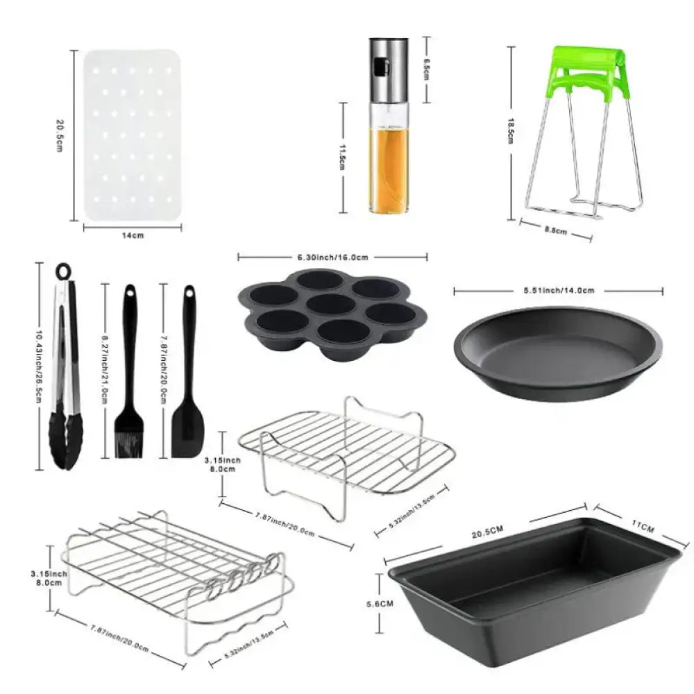 Black silicone muffin pan with six circular cavities included in 8 quart dual basket air fryer grill rack set