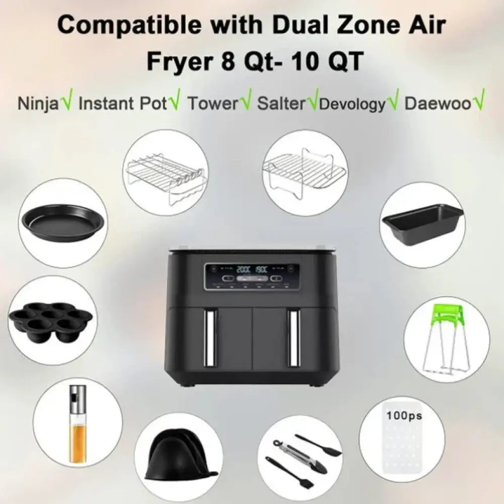 Black 8 quart dual basket air fryer with digital display silver vertical handles and accessory set for versatile cooking