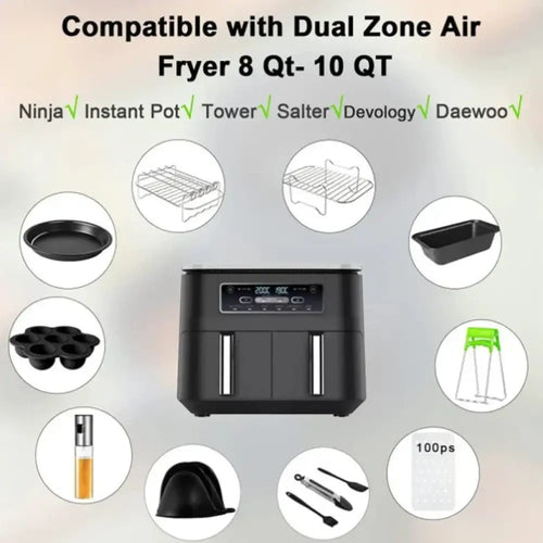 Black 8 quart dual basket air fryer with digital display silver vertical handles and accessory set for versatile cooking
