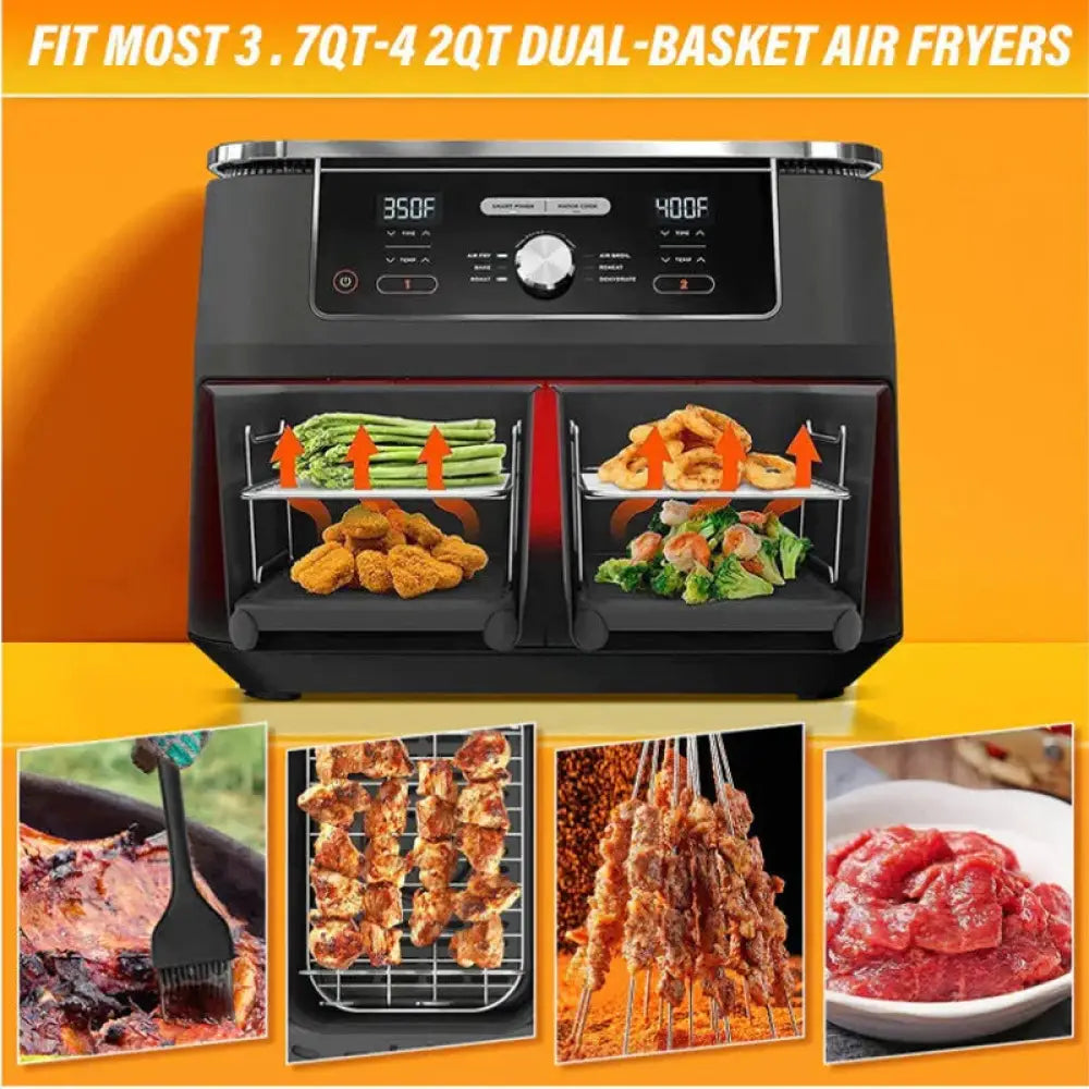 Black 8 quart dual basket air fryer grill rack with digital controls and two separate cooking compartments