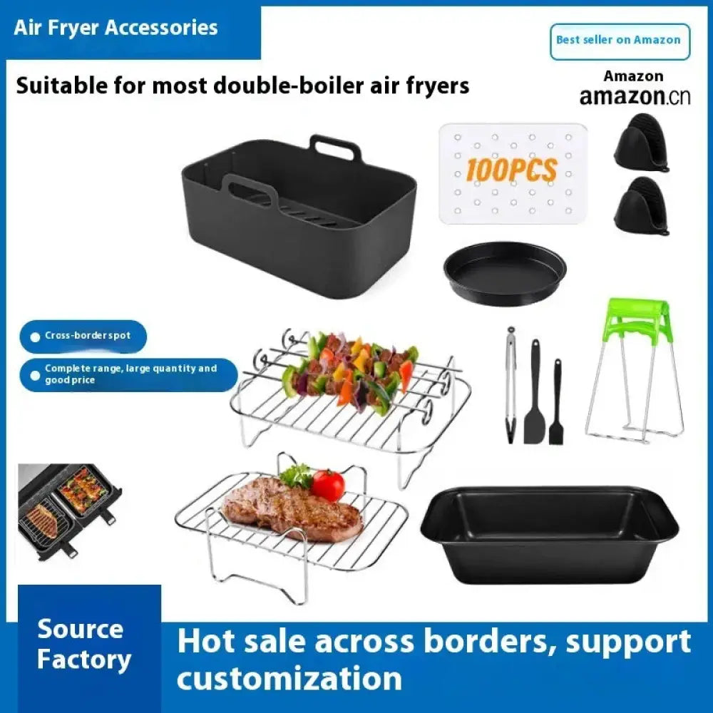 Black rectangular air fryer baking tray with integrated handles and ribbed surface for 8 quart dual basket air fryer grill rack accessory set