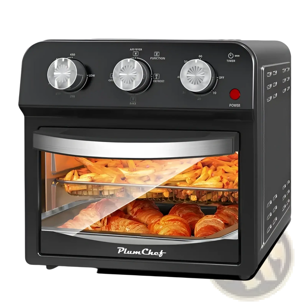 Black plumchef air fryer oven 12l multi function grill and bake with silver handle cooking golden-brown fries and croissants