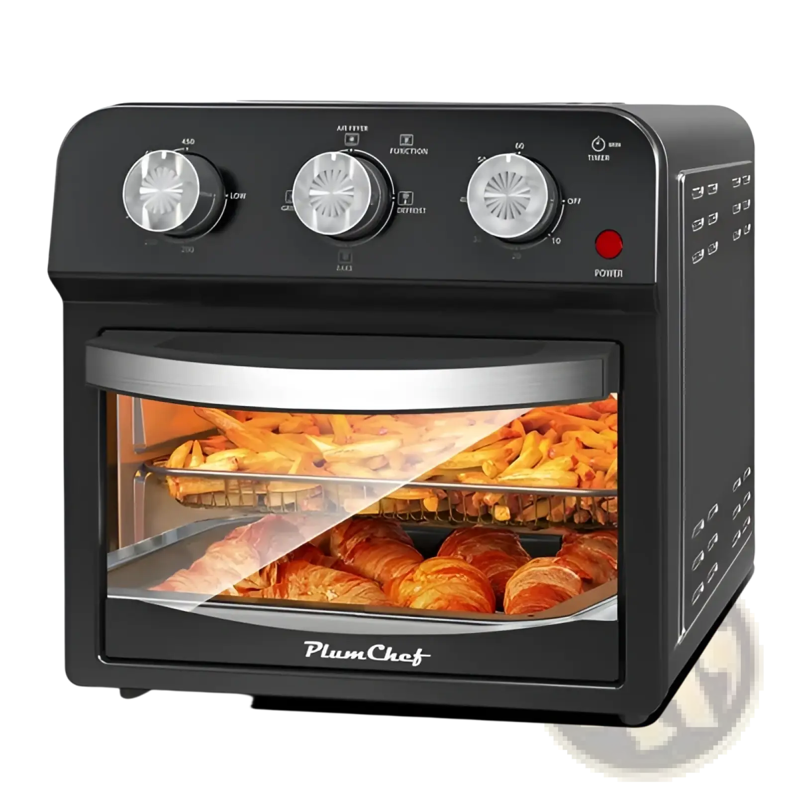 Black plumchef air fryer oven 12l multi function grill and bake with silver handle cooking golden-brown fries and croissants