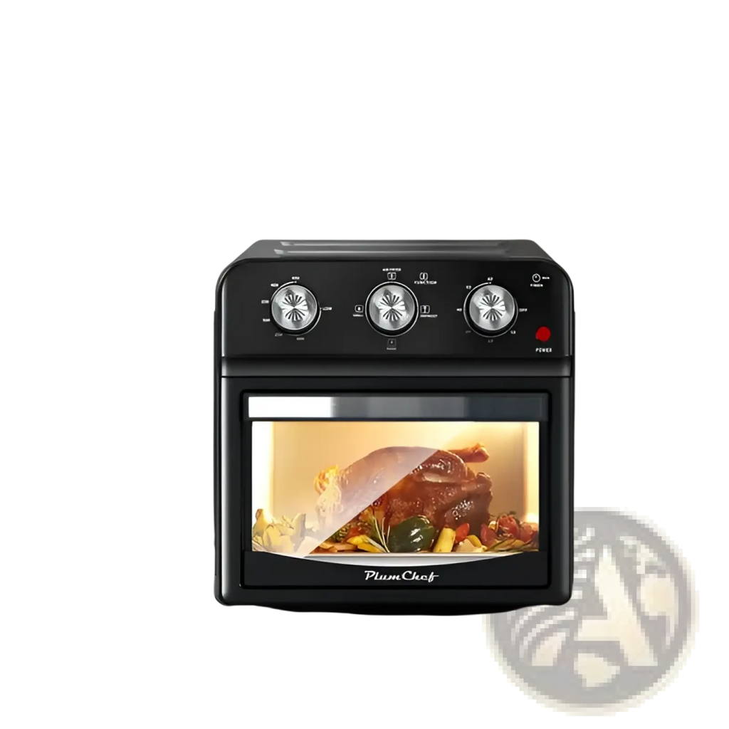 Black plumchef 12l air fryer oven with glass door and three silver knobs roasting chicken inside