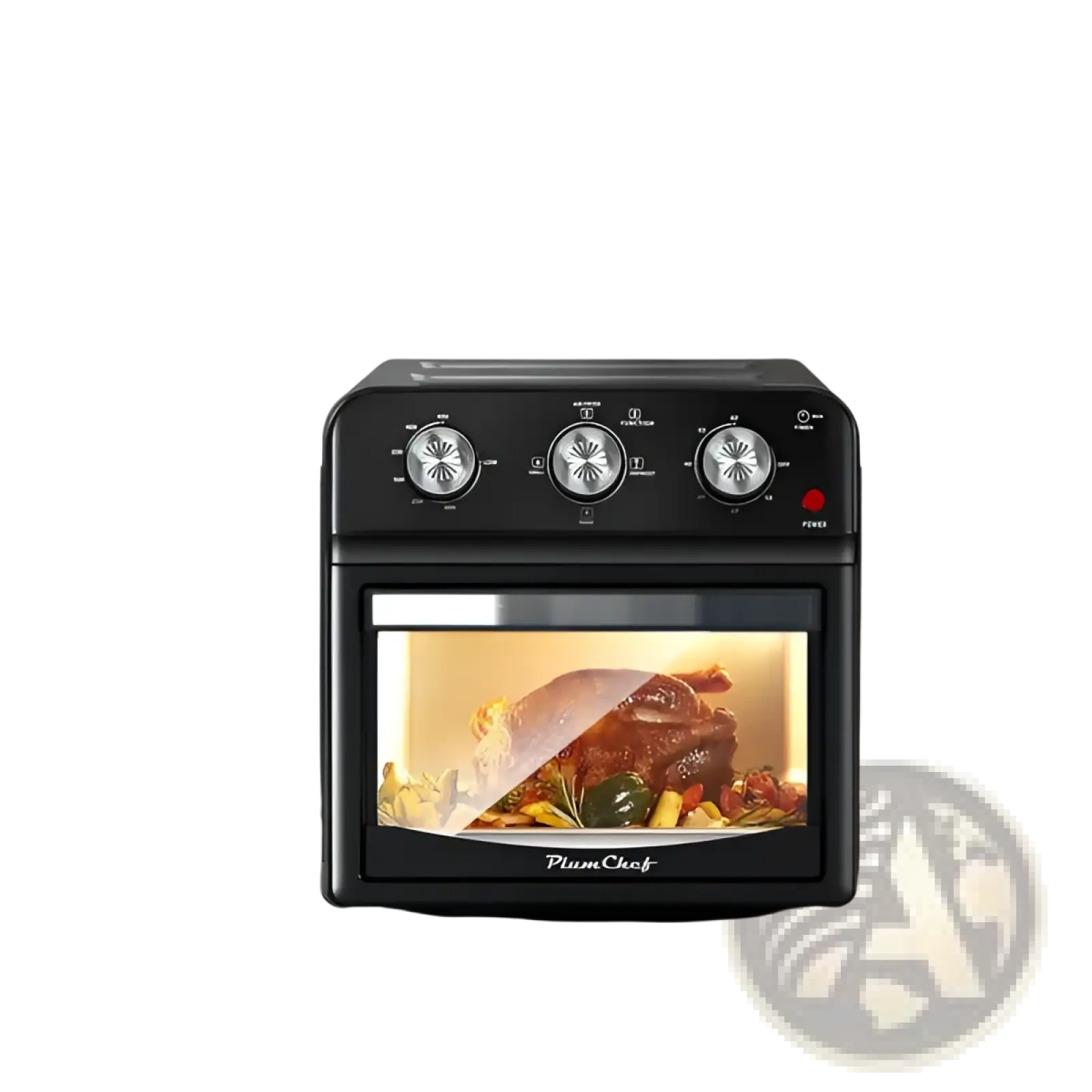 Black plumchef 12l air fryer oven with glass door and three silver knobs roasting chicken inside