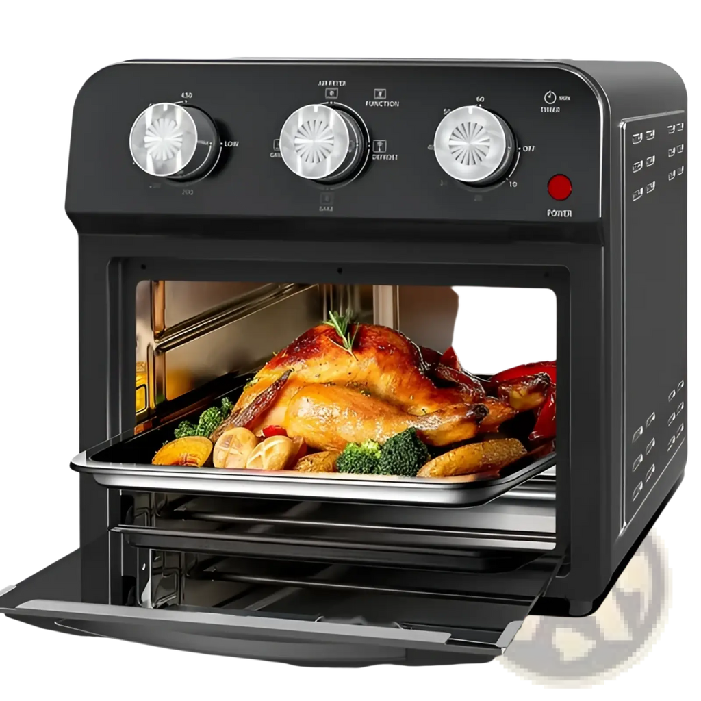Black air fryer oven 12l with silver control knobs and glass door roasting golden-brown turkey with vegetables