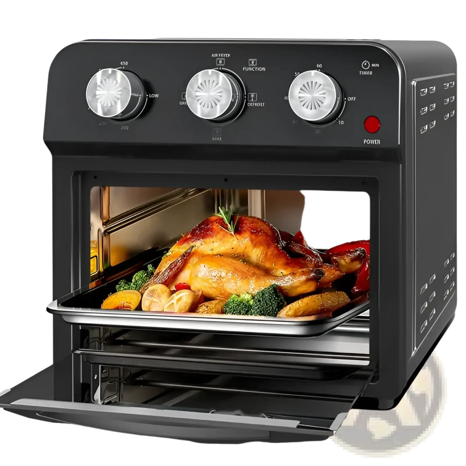 Black air fryer oven 12l with silver control knobs and glass door roasting golden-brown turkey with vegetables