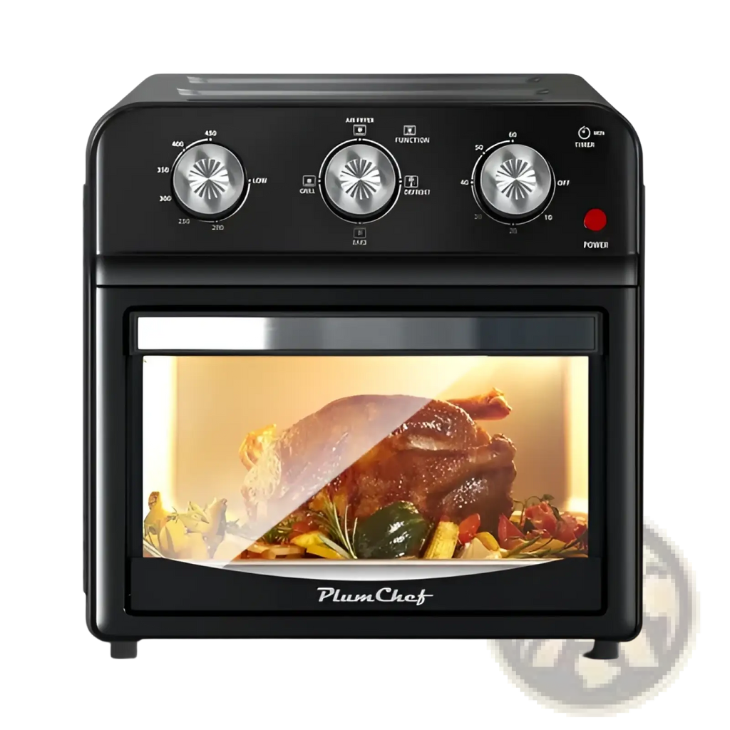 Black plumchef air fryer oven 12l with glass door roasting chicken and vegetables for multi function grilling and baking