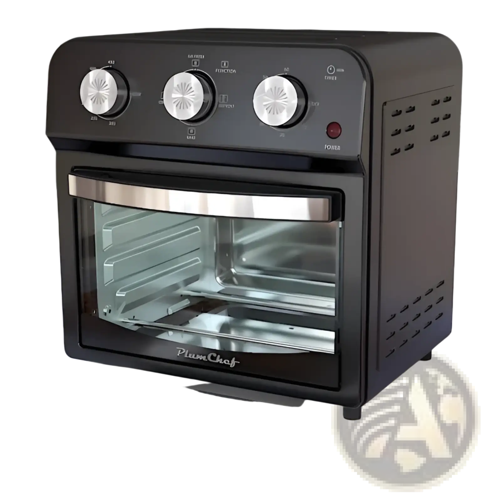 Black plumchef 12l multi function air fryer oven with silver knobs and stainless steel handle for grilling and baking