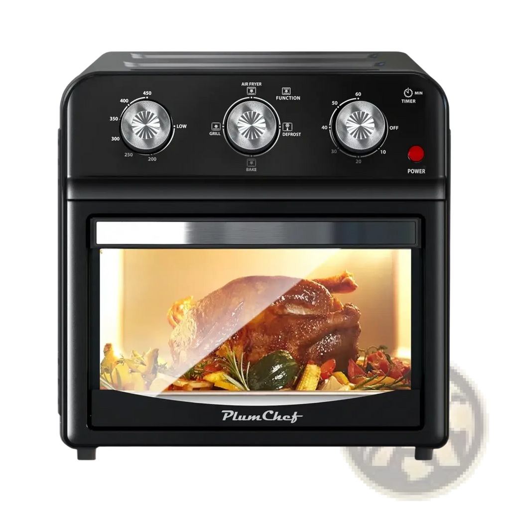 Black plumchef air fryer oven 12l with silver knobs and glass door showing roasted turkey for multi function use